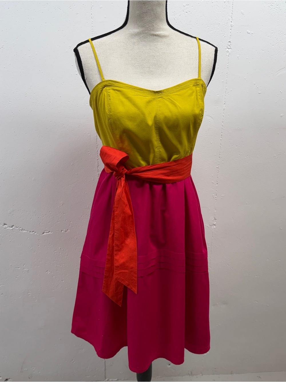 Vibrant Colorblock Spaghetti Strap Dress with Red Sash Elastic ruching on back